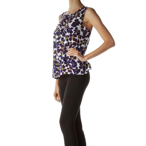 Ann Taylor Womens Tank Top Size XS Blue Floral Stretch Classic career V-neck - Picture 2 of 8